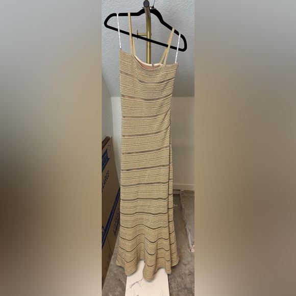 Herve Leger Bandage Metallic Striped Trumpet Gown Gold - Picture 2 of 13